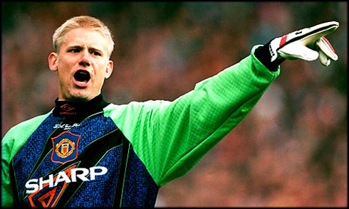 Peter Schmeichel, Manchester United legendary goalkeeper, in a Sharp jersey