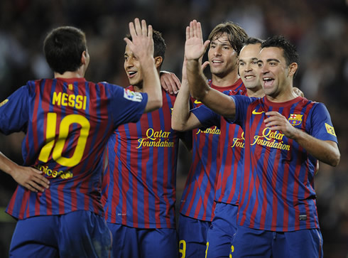 Lionel Messi, Thiago Alcântara, Andres Iniesta and Xavi, in a Barcelona goal celebrations