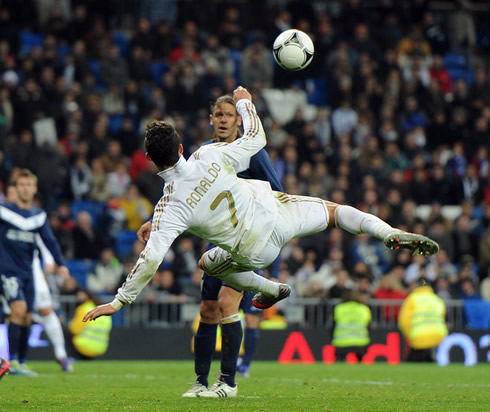 Cristiano Ronaldo acrobatic bicycle kick goal, in Real Madrid vs Malaga for the Copa del Rey 2011-2012, that end up by being disallowed for being ruled off-side