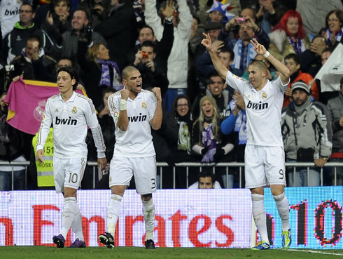 Mesut Ozil, Pepe and Karim Benzema, celebrating for Real Madrid, in 2011-2012