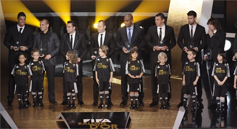 Cristiano Ronaldo, Sneijder, Xavi, Iniesta, Maicon, Lúcio, Piqué, Puyol, at the FIFA FIFPro Best Lineup of the Year in 2010, 2011 or 2012