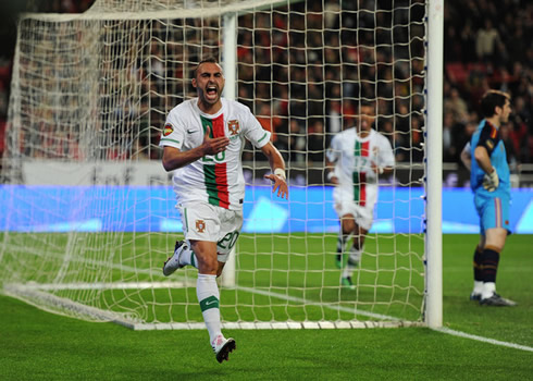 Carlos Martins celebrating goal in Portugal 4-0 Spain, with Nani and Iker Casillas in the background