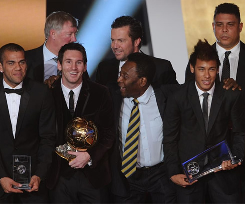 Daniel Alves, Messi, Pelé, Neymar, Ronaldo, Lothar Mathaus and Sir Alex Ferguson at the FIFA Balon d'Or 2011 awards