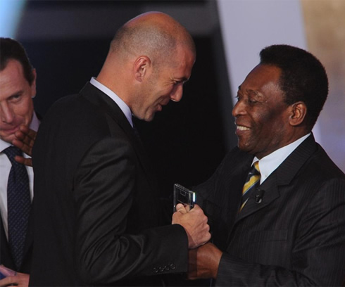 Butrageño and Zinedine Zidane representing Real Madrid, talking with Pelé at FIFA Balon d'Or 2011-2012 gala and ceremony