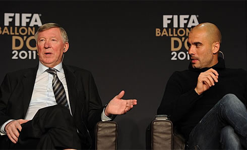 Sir Alex Ferguson talking with Pep Guardiola at FIFA Balon d'Or 2011 gala