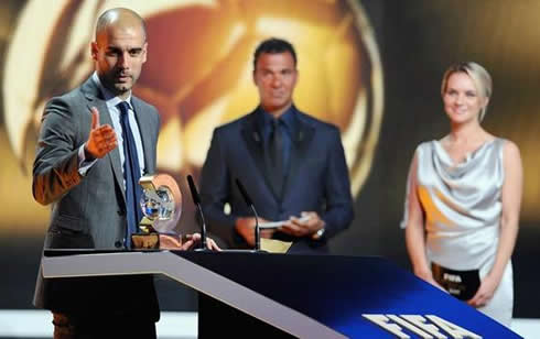 Guardiola dedicating the Best World Coach of the Year award to Tito Vilanova at the FIFA Balon d'Or 2011-2012 ceremony