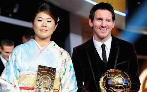 Homare Sawa and Lionel Messi ugly face, blinking an eye at the FIFA Balon d'Or 2011-2012 awards