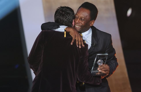 Pelé hugging Messi at FIFA Balon d'Or 2011 awards event
