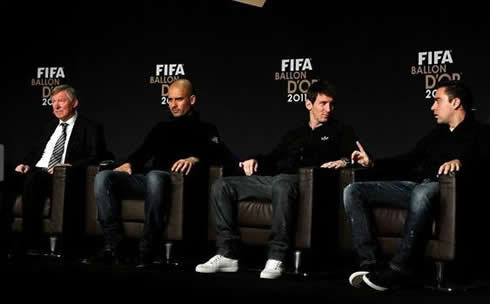 Sir Alex Ferguson, Guardiola, Messi and Xavi at FIFA's Balon d'Or 2011-2012 ceremony and gala event
