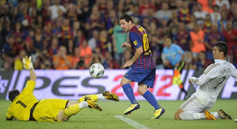 Cristiano Ronaldo and Iker Casillas looking powerless while Lionel Messi scores in Barcelona vs Real Madrid 2011-2012