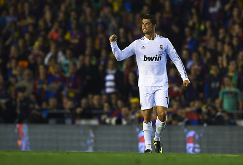 Cristiano Ronaldo celebrating a goal for Real Madrid, when playing against Barcelona in 2011/12