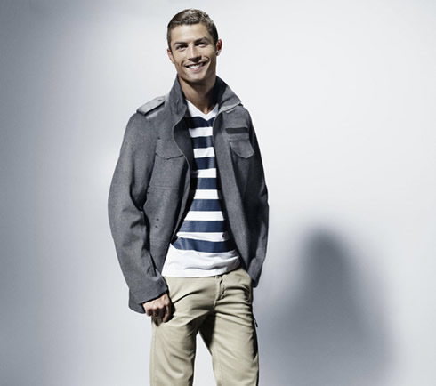 Cristiano Ronaldo wearing a grey jacket, with blue and white stripes fashion, for DT Magazine 2012