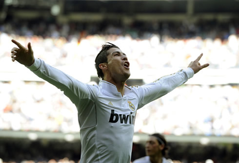 Cristiano Ronaldo looking happy, celebrating a Real Madrid goal in the Santiago Bernabéu, in 2011-2012