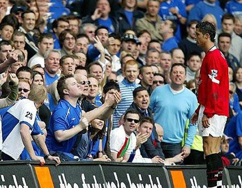 Cristiano Ronaldo being insulted, booed and whistled in England, during a Everton vs Manchester United EPL game