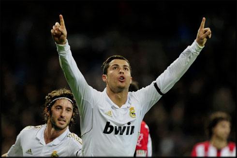 Cristiano Ronaldo dedicating his goal for Real Madrid, to his girlfriend, Irina Shayk, in the Santiago Bernabéu, 2011-2012
