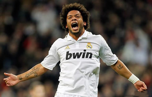 Marcelo celebrating goal for Real Madrid, in 2012