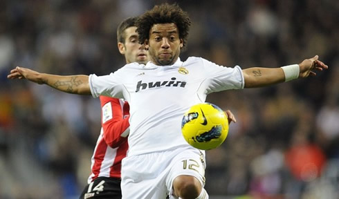 Marcelo with a funny hair and haircut, playing for Real Madrid 2011-2012