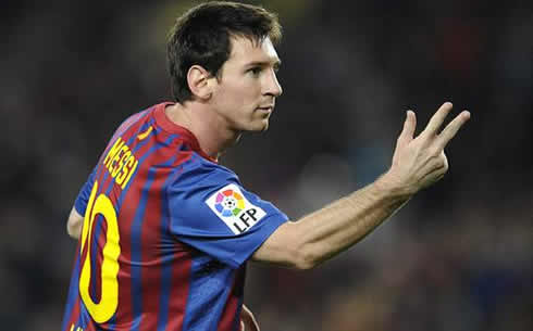 Lionel Messi hand gesture, after scoring a goal and hat-trick for Barcelona, and about to win 3 FIFA Balon d'Or 2010, 2011, 2012
