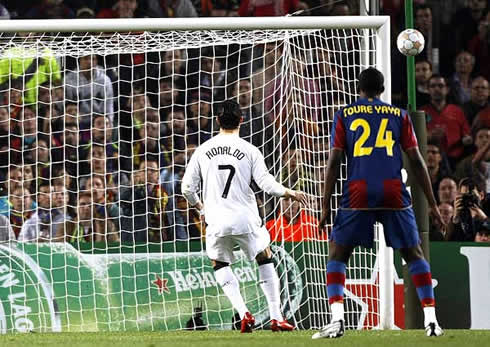 Cristiano Ronaldo missing from the penalty kick mark, in Barcelona vs Manchester United for the UEFA Champions League, in 2008-2009