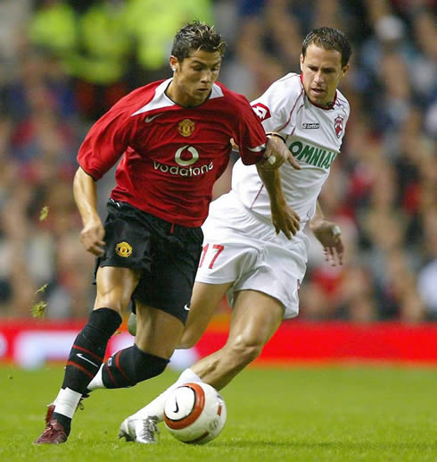 Cristiano Ronaldo playing for Manchester United in his first years at the club, 2003 and 2004