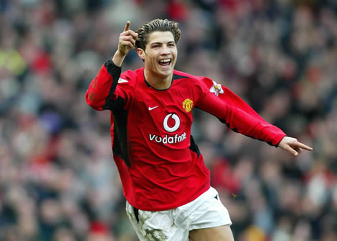 Cristiano Ronaldo celebrating his first goal for Manchester United, with an horrible haircut and scary teeth