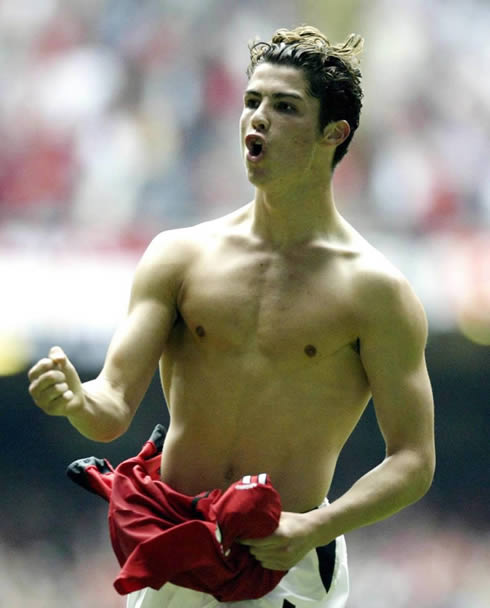 Cristiano Ronaldo shirtless after scoring one of his first goals for Manchester United in 2003-2004