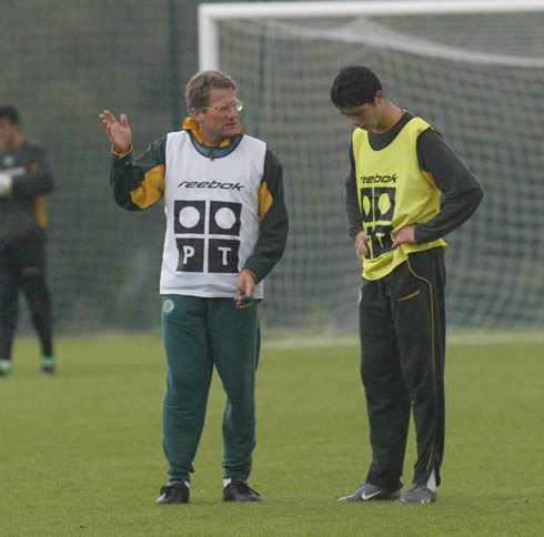 Cristiano Ronaldo in a practice session for Sporting CP in 2002-03, wearing a Reebok vest, with Laszlo Bolini