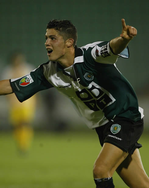 Cristiano Ronaldo celebrating his first goal as a professional football player, in a game between Sporting CP vs Moreirense, in 2002-2003