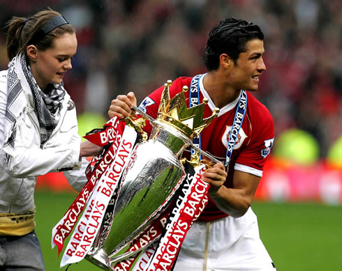 Cristiano Ronaldo holding the Barclays English Premier League trophy, at Manchester United