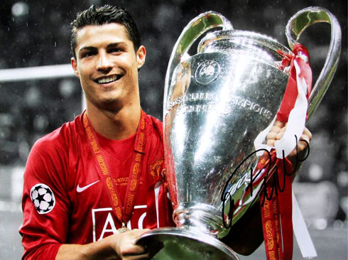 Cristiano Ronaldo lifting the UEFA Champions League trophy, for Manchester United, in 2008