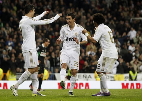Cristiano Ronaldo, Angel Di María and Marcelo, dancing in a Real Madrid goal celebrations, in 2012