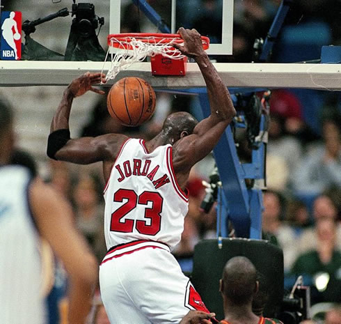 Michael Jordan dunk in a basketball game for the NBA