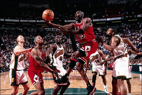 Michael Jordan in action, in Chicago Bulls vs Seattle Supersonics, in the NBA