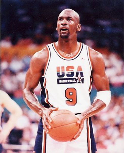 Michael Jordan playing for the United States of America national team (USA), in the 80's and wearing the number 9 jersey