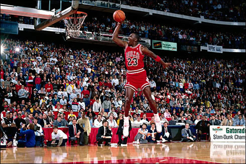 Michael Jordan in the slam dunk contest, in the NBA 1987 and 1988