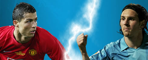 Cristiano Ronaldo and Lionel Messi, in a Manchester United vs Barcelona banner and wallpaper