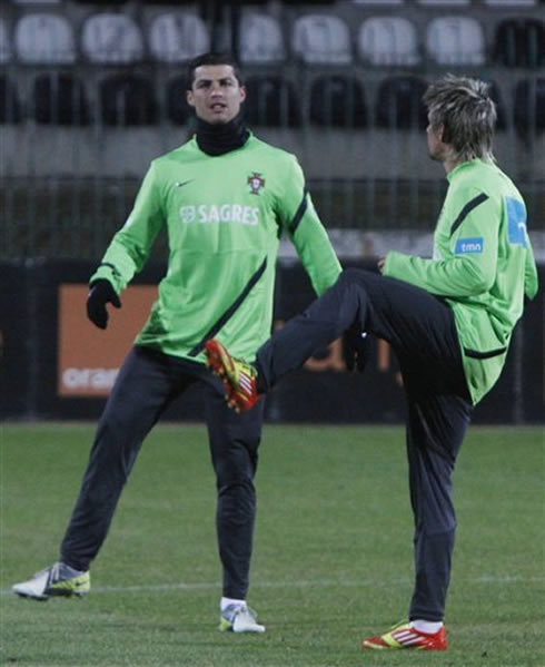 Cristiano Ronaldo and Fábio Coentrão, in a Portuguese National Team training session in Warsaw, Poland, 2012