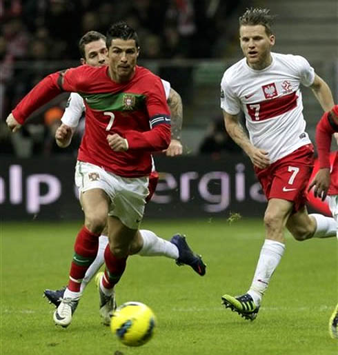 Cristiano Ronaldo running and and chasing the ball in Poland 0-0 Portugal, in a friendly game in 2012