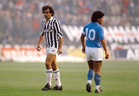 Diego Armando Maradona and Michel Platini, in a Juventus vs Napoli game