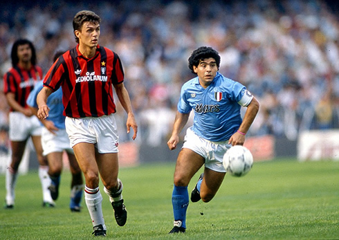 Diego Armando Maradona and Paolo Maldini, in a AC Milan vs Napoli clash