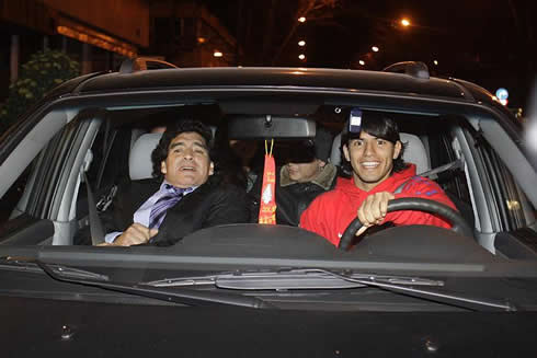 Diego Armando Maradona and Sergio Aguero, in a car in Madrid