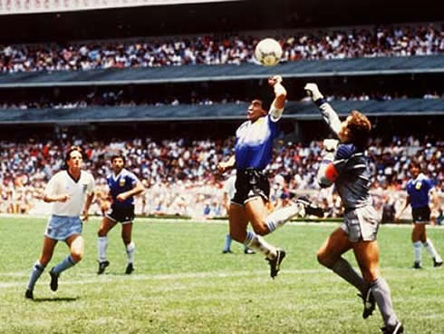 Diego Armando Maradona hand of god goal, in Argentina vs England, at the World Cup in 1986