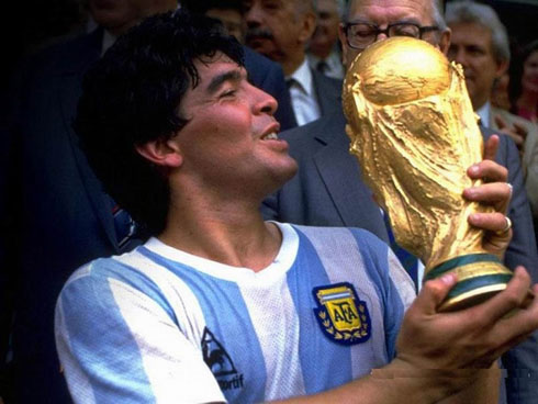 Diego Armando Maradona lifting the World Cup trophy for Argentina, in 1986