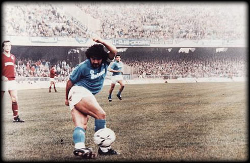 Diego Armando Maradona magic, doing a rabona trick, at Napoli