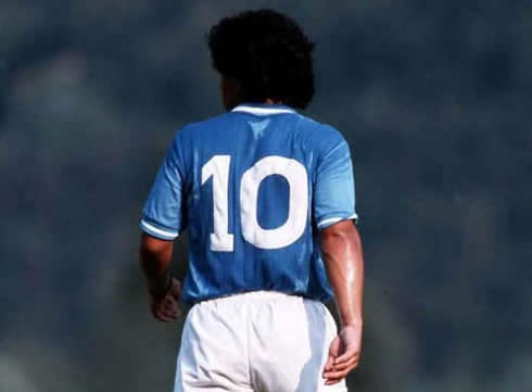 Diego Armando Maradona, wearing the Napoli number 10 jersey/shirt and uniform