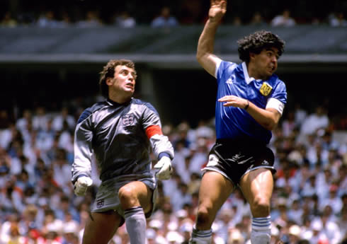 Diego Armando Maradona scoring the hand of god goal, in England vs Argentina for the 1986 World Cup