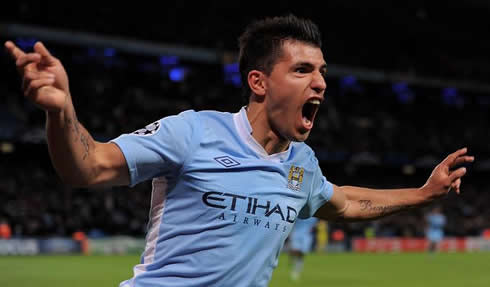 Sergio Kun Aguero celebrating a goal for Manchester City, with his new haircut and hairstyle in 2012
