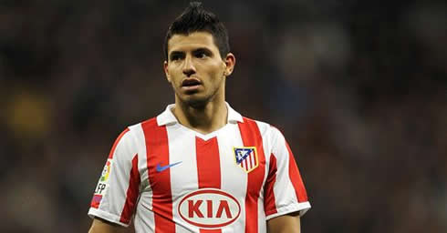 Sergio Kun Aguero, in Atletico Madrid Kia jersey and fashion hairstyle and haircut, with his hair all pulled up