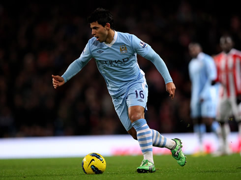 Sergio Kun Aguero, running with the ball in Manchester City in 2011-2012