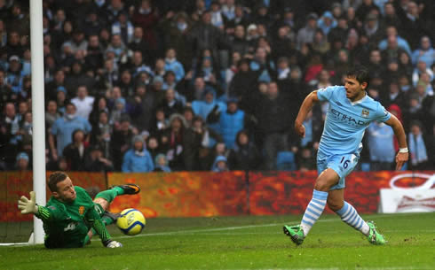 Sergio Kun Aguero scoring a goal in Manchester City vs Manchester United, in 2011/2012